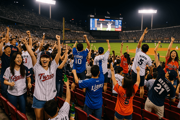 Korean baseball crowd with chi-maek and cheer songs at night