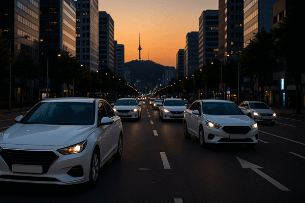 Seoul street at dusk dominated by white cars
