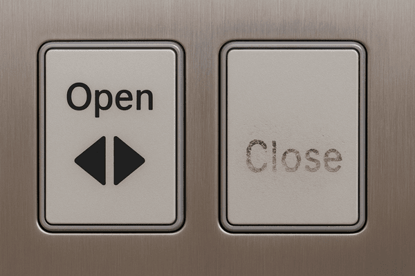 Finger repeatedly pressing elevator close button, playful comic style