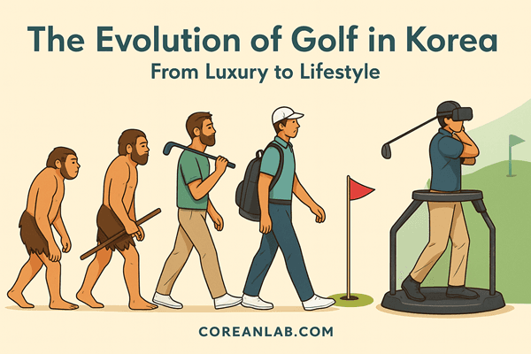 Illustration showing the evolution of golf in Korea — from primitive man to a modern golfer using a 4D simulator, symbolizing how golf has evolved from luxury to lifestyle.