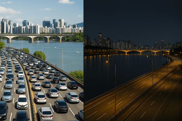 Split scene: neon-busy Seoul street vs. calm Han River sunrise with a lone walker