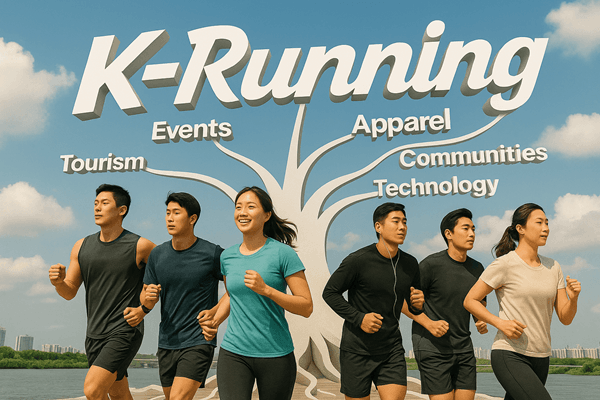 A conceptual image symbolizing Korea’s running culture evolving into an industry. A Korean runner stands at the center as streams of light expand outward, forming icons of technology, fashion, wellness, and tourism under the Han River skyline. The scene represents the growth of the “K-Running Industry.”