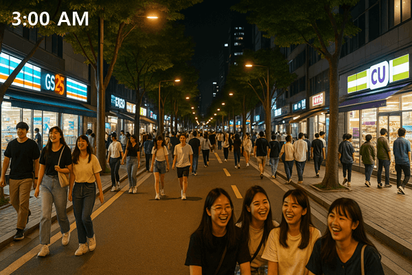 Cozy late-night café in Seoul with customers studying or chatting