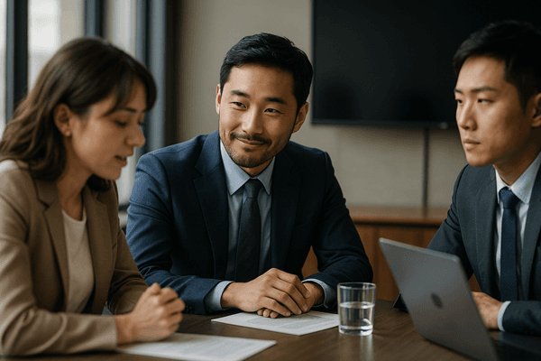 Korean office workers subtly reading each other's mood in a meeting — an example of nunchi at work.
