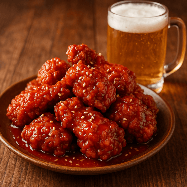 Korean Fried Chicken Night — 치맥의 밤 Crispy Korean fried chicken glazed with yangnyeom sauce on a wooden table with beer in the background
