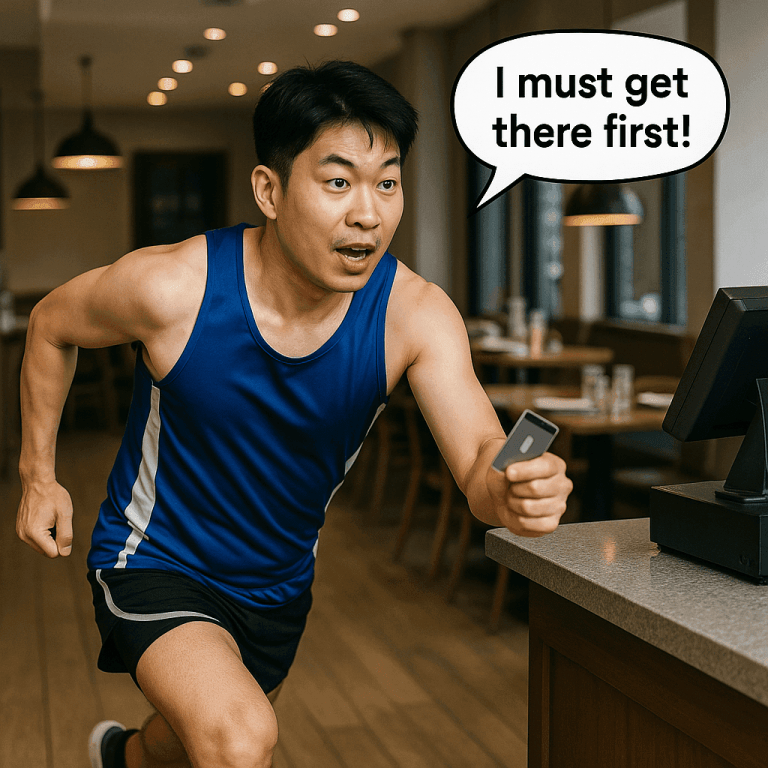 Korean man sprinting toward a restaurant cashier holding a credit card, shouting “I can’t miss this!!” — a humorous scene about Koreans’ eagerness to pay first.