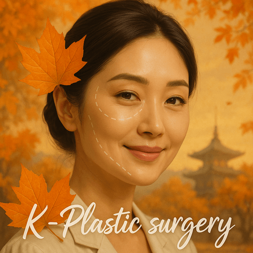 Korean woman with cosmetic surgery guide lines on her face, surrounded by autumn leaves, representing K-plastic surgery culture.