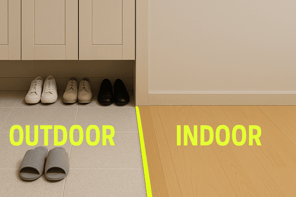 현관에서 OUTDOOR/INDOOR 경계선과 신발 놓는 구역이 구분된 사진