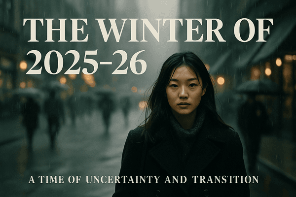 “A cinematic panoramic image of Seoul in winter 2025–26, showing a mix of snow and rain under a grey sky, city lights reflecting on wet streets, symbolizing Korea’s mild but shifting winter.”