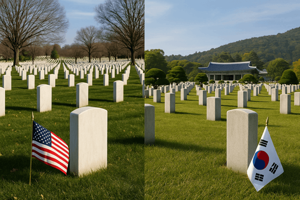 Arlington National Cemetery and Seoul National Cemetery in a respectful split panorama with US and Korean flags