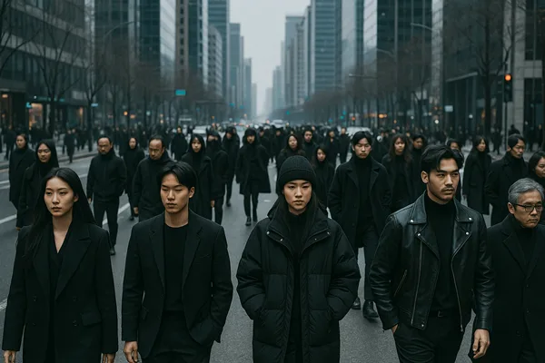 겨울 도심을 걷는 사람들의 블랙 코트 실루엣