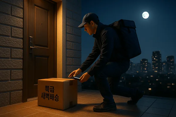 The Dawn Revolution — Overnight Delivery in Korea (1600×900) Korean dawn delivery at an apartment doorstep before sunrise; soft city lights, chilled grocery box with ice packs