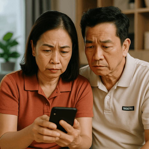Middle-aged Vietnamese parents sitting together in their cozy home, smiling warmly while video calling their college-aged child studying in Korea. The sunlight and wooden furniture create a peaceful, emotional scene of family love across distance.