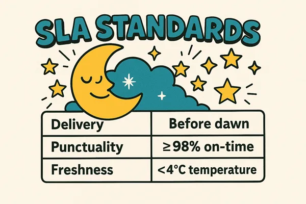 Cold Chain Schematic for Dawn Delivery (Illustration) Schematic of Korea’s dawn delivery cold chain: fulfillment to insulated packing to dawn route to doorstep