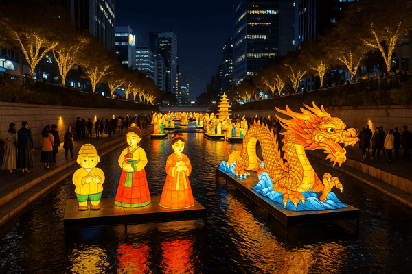 Lanterns lighting Cheonggyecheon Stream at night during Seoul Lantern Festival 2025