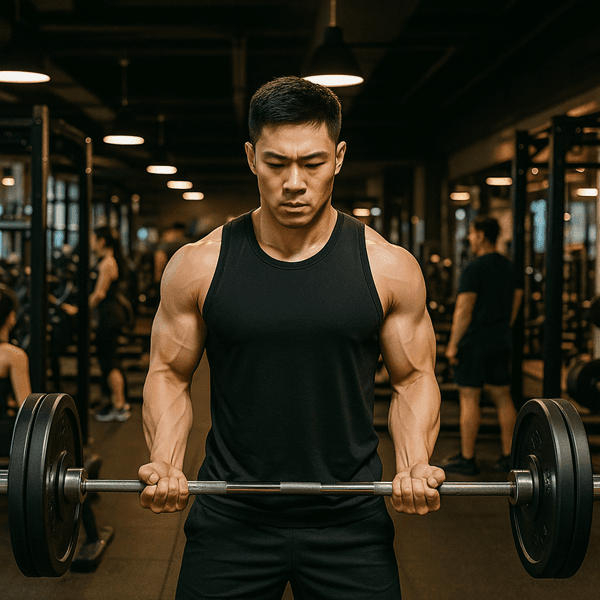Asian athletes performing strength and conditioning in a gym: barbell, battle ropes, functional training