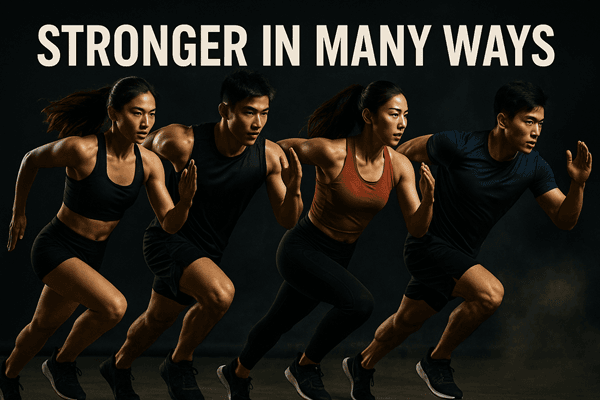 Korean men and women training in a premium luxury gym with modern black interiors, mirrors, and warm lighting, showing focus and discipline in a sleek Seoul fitness environment.