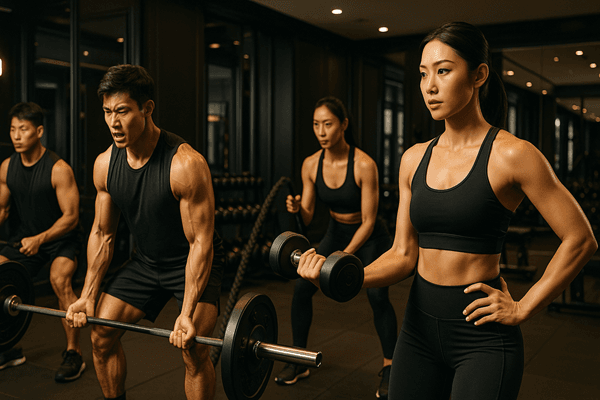 Poster-style action of Asian runners in motion with dramatic studio lighting