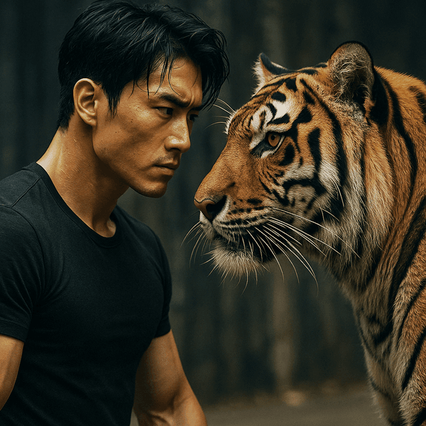 “A strong Korean man with a bold, K-drama masculine presence standing face-to-face with a powerful tiger, exuding intensity and courage.”