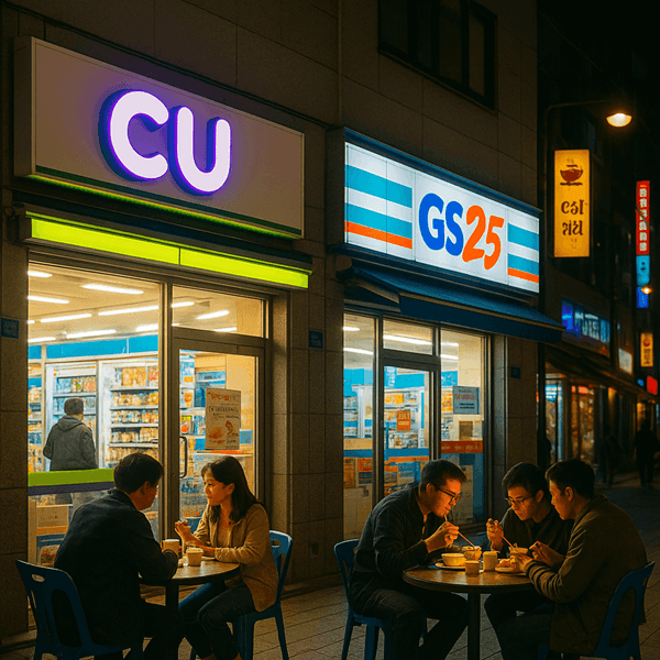 Seoul night street with CU and GS25 glowing under bright lights and people eating outside