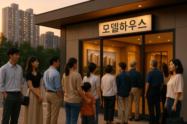 Koreans lining up outside a modern apartment model house at sunset for cheongyak